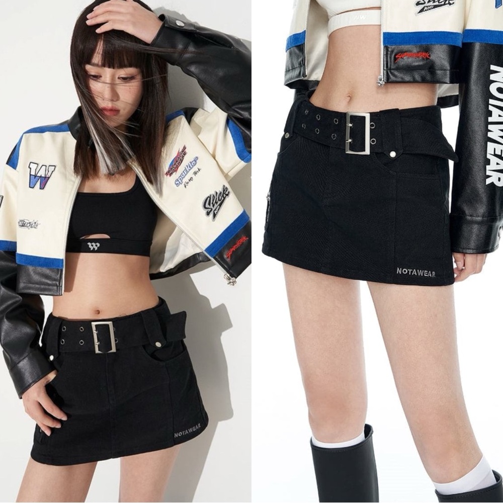 NOTAWEAR Black Denim Anti Glare Mini Cargo Jean Skirt